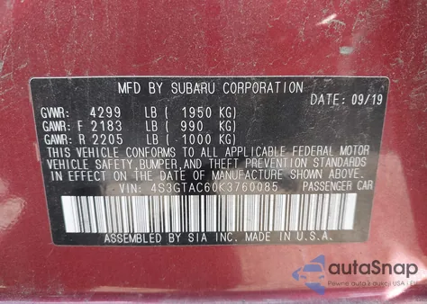 2019 Subaru Impreza 2.0I Premium z USA, uszkodzony, nr VIN 4S3GTAC60K3760085